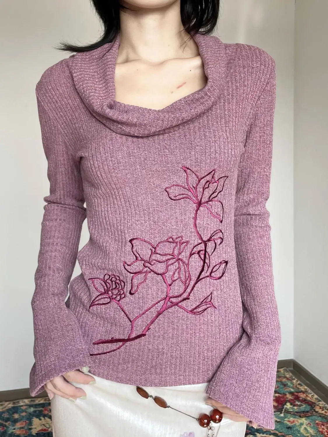 maoxiangshop - Swinging Collar Off Shoulder Purple Embroidered Sweater for Women Autumn Spicy Girls Slim Fit High End Knitted Shirt Women Tops