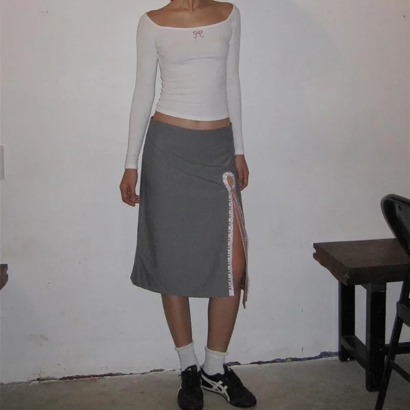 Side Slits Lace Maxi Skirt For Women Kawaii Bow Bandage High Waist Skirts Women's Street Autumn Fashion Sexy Skirt Woman