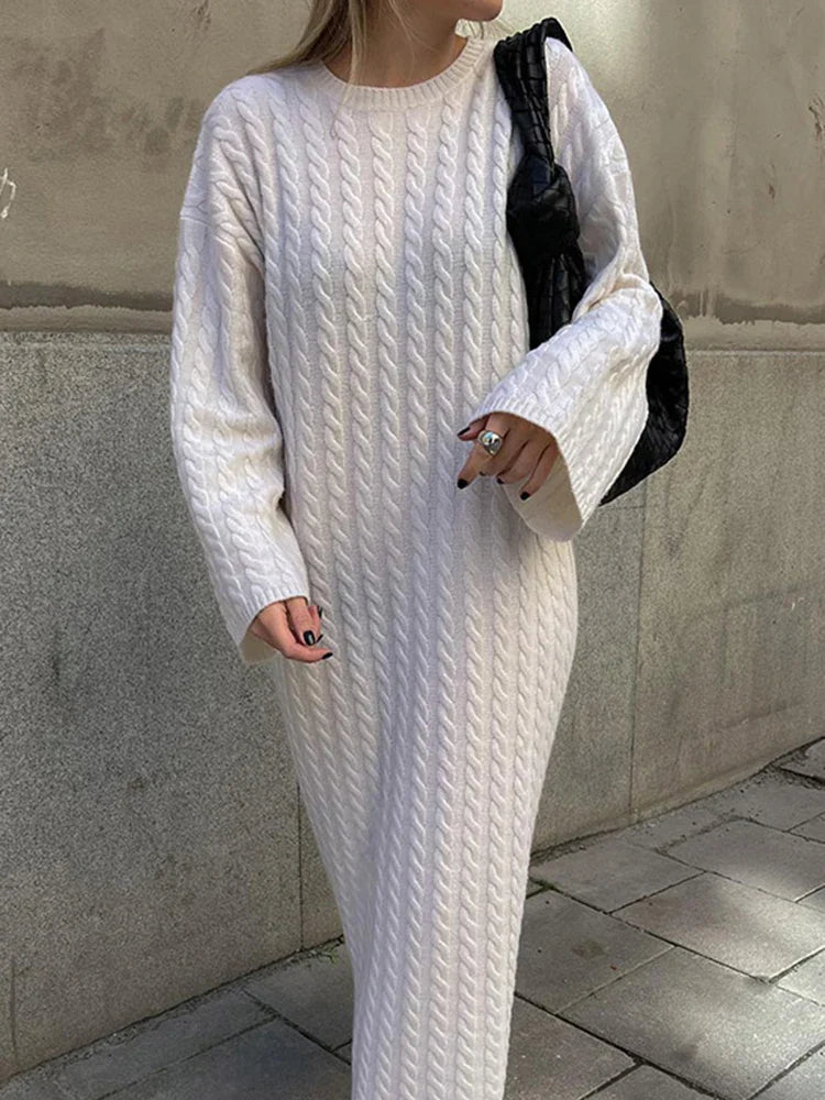 maoxiangshop Autumn Winter Knitted Dress Women Fashion Solid Color Ribbed Sweater Dress Female Elegant Casual Loose Long Sleeve Long Dresses