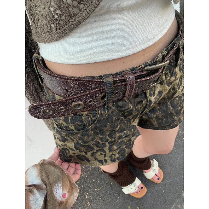 maoxiangshop - Vintage Women's Denim Shorts Hight Waisted Pockets Leopard Print Y2k Casual Jeans Cargo Pants Gothic Short Jeans 2024 Summer