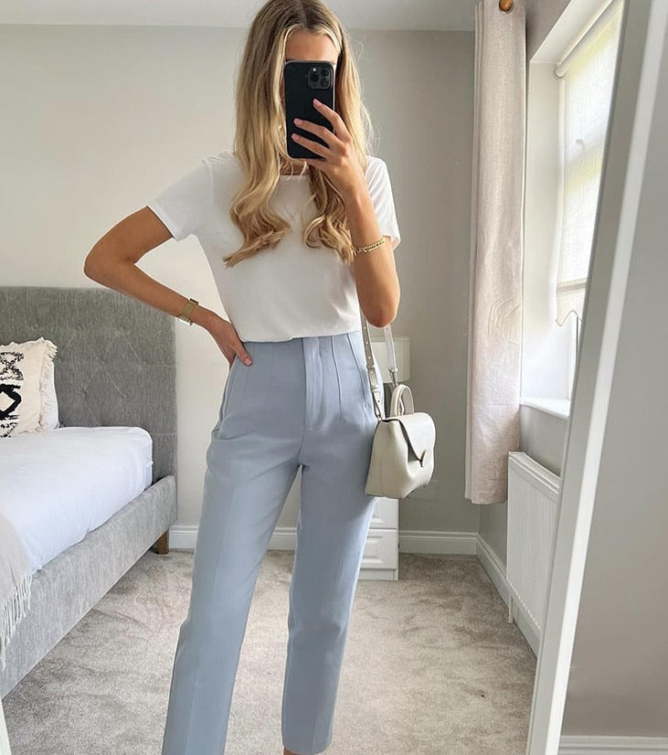 maoxiangshopWomen Light Blue Chic Fashion Office Wear Straight Pants Vintage High Waist Zipper Fly Female Trousers Fashion