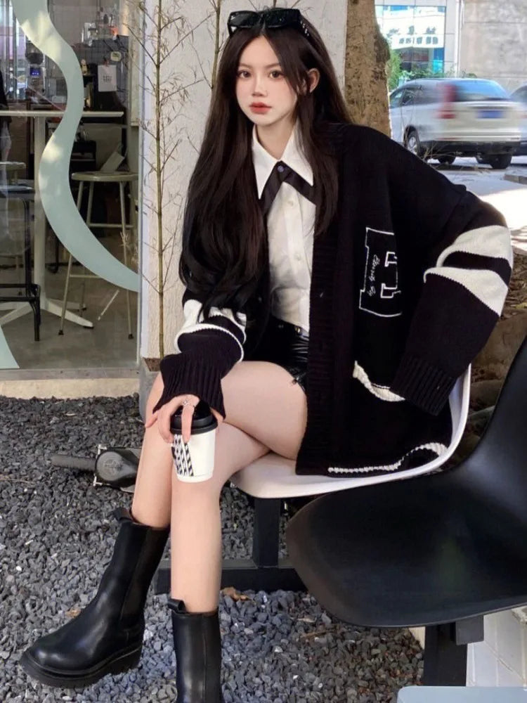 Deeptown Korean School Student Black Baggy Cardigan Women Preppy Style Oversized Loose Letter Embroidery Knitted Top 2023 Autumn