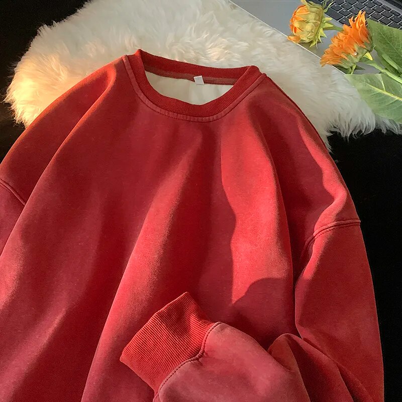 maoxiangshop American Washed Old Pullovers Sweatshirts Men Loose Solid Color Autumn Large Size Warm O Neck Tops Hip Hop Y2k Sweatshirt