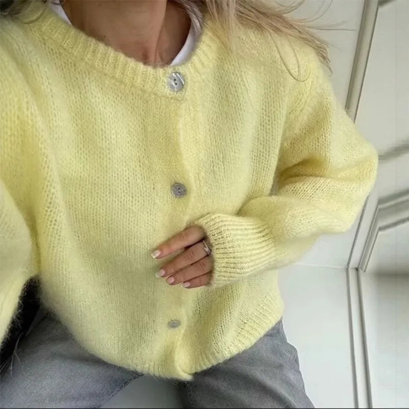 maoxiangshop - Casual Knitted Cardigan Women's Loose Versatile Solid Button Knitted Long Sleeve Sweater Autumn Office Warm Jacket Top