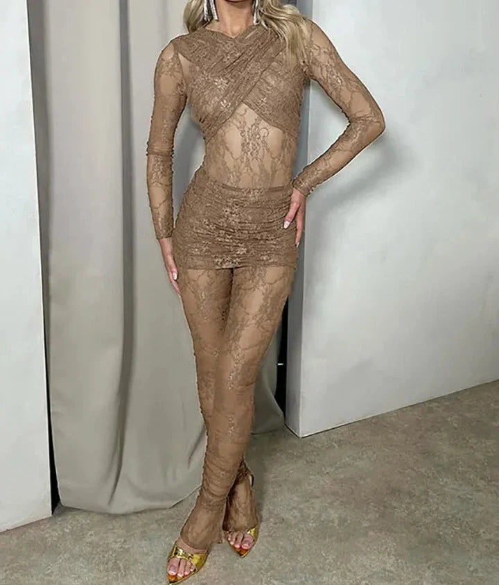 maoxiangshop 2024 New Lace Jumpsuits for Women Long Sleeve See Through Romper With Skirts Two Piece Set Sexy Party Club Jumpsuit