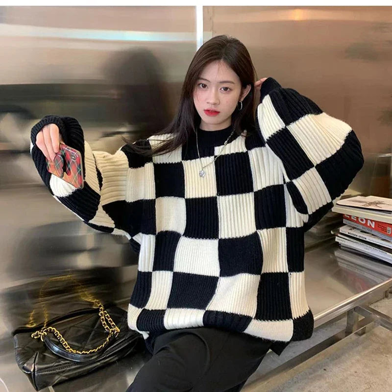 Women Checkerboard Knitted Sweater Autumn Korean Casual Warm Loose Long Sleeve Top Female Streetwear All Watch Jumper New