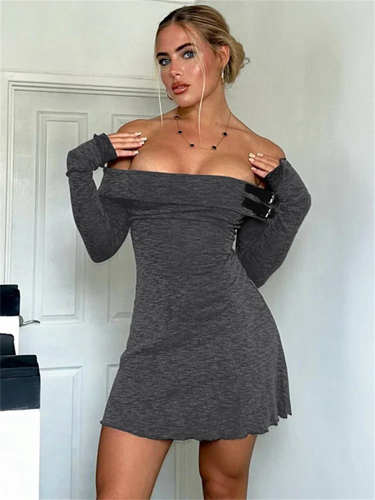 maoxiangshop - Knitted Spliced Belt Mini Dress Women Off Shoulder Long Sleeve Solid Slim Short Dress Autumn/Winter Hottie Streetwear