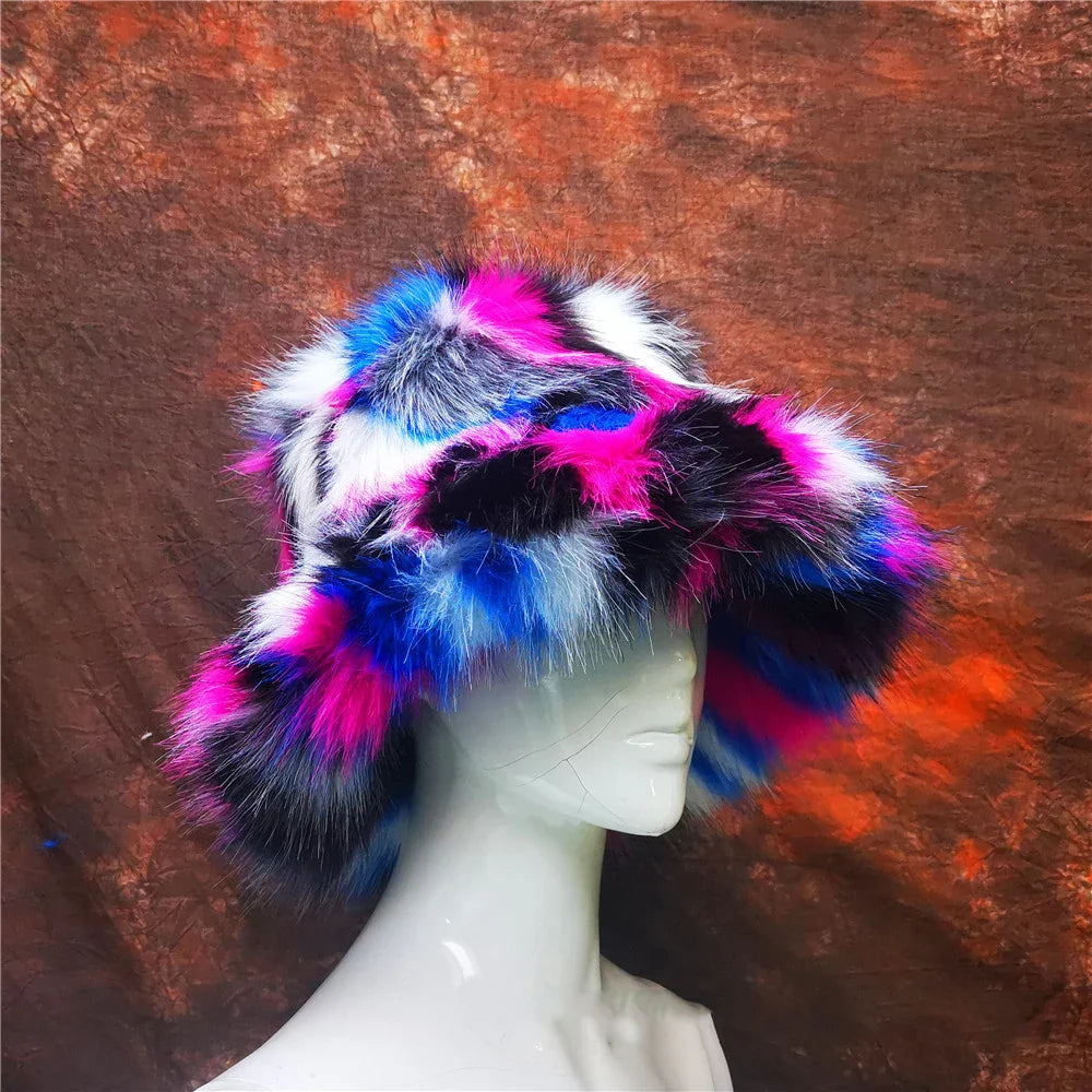 maoxiangshop - Luxury Ins Hot Y2k Girls Faux Fox Fur Bucket Hat Women Winter Warm Rabbit Fur Plush Fisherman Hat Cap Festival Party Ski Panama