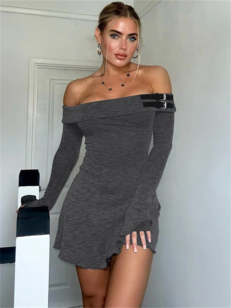 maoxiangshop - Knitted Spliced Belt Mini Dress Women Off Shoulder Long Sleeve Solid Slim Short Dress Autumn/Winter Hottie Streetwear
