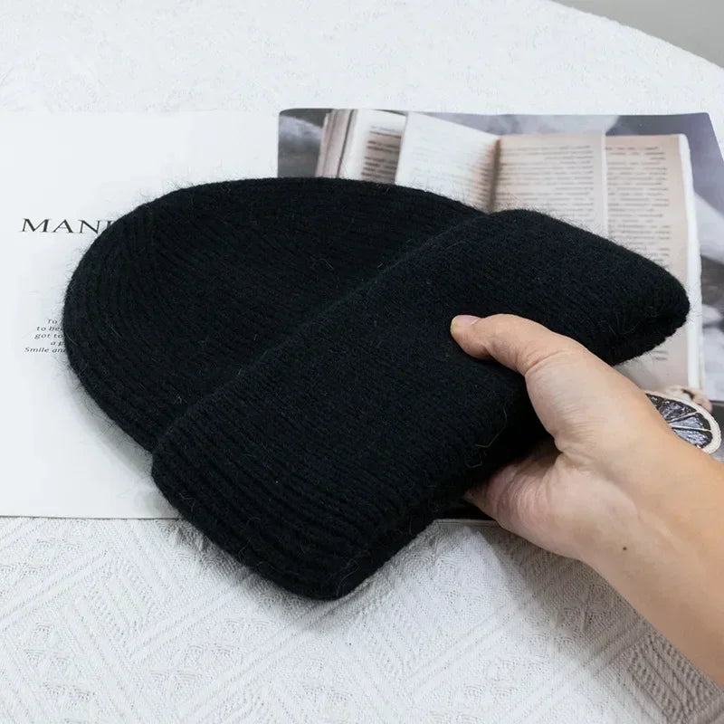 maoxiangshop 21colors Autumn Angola Rabbit Fur Knitted Beanies Winter Skullies Women's Hat Fashion Solid Warm Cashmere Wool Three Fold Thick