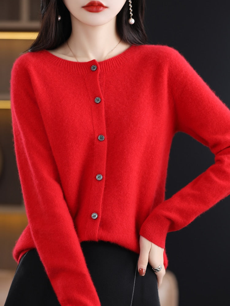 maoxiangshop Aliselect Long Sleeve Women Knitwear Cashmere Knit 100% Pure Merino Wool Spring Autume O-Neck Top Cardigan Sweater Clthing Coat