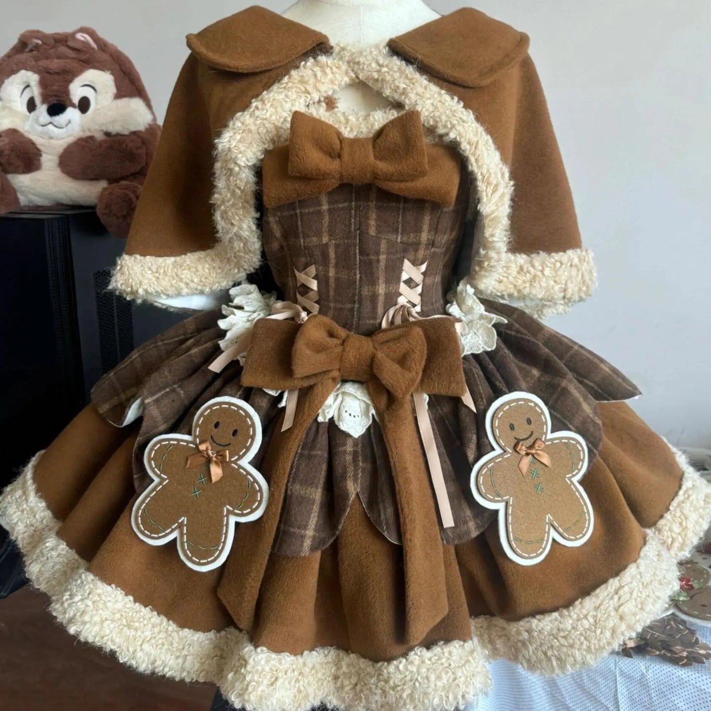 maoxiangshop - New Sweet Cute Lolita Dress Set for Women Autumn/Winter Spliced Plaid Strap Mini Dress Cloak Coat Two Piece Set Women Outfits