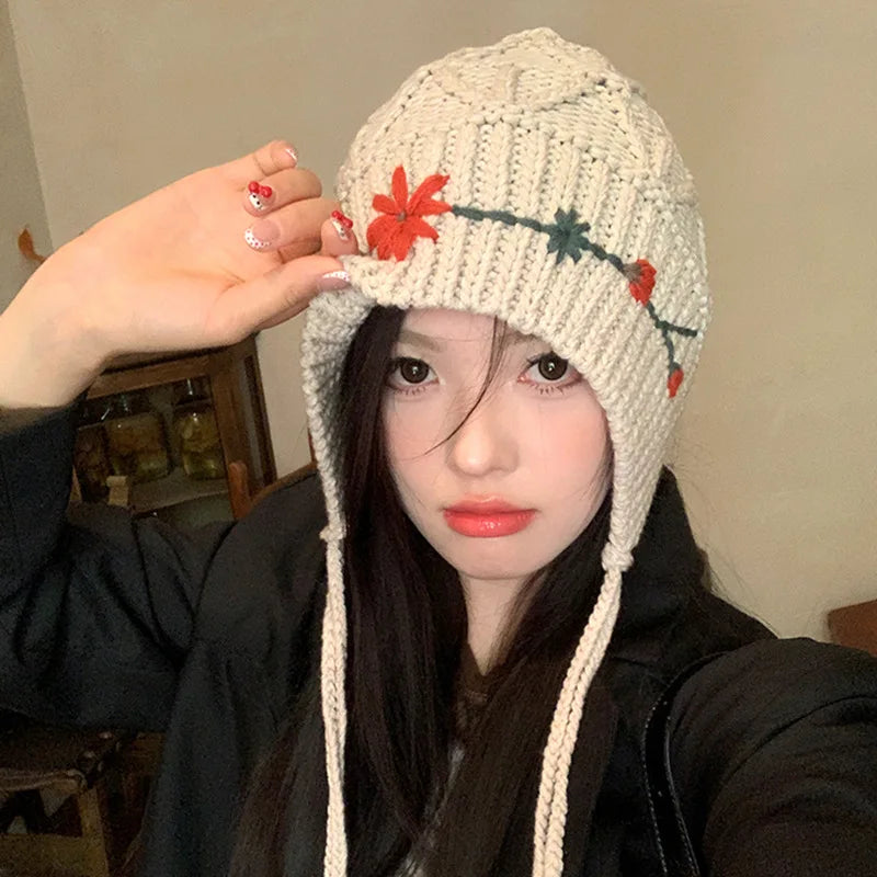 maoxiangshop - Knitted Beanies Hat for Women Bohemian Tassel Flower Crocheted Woolen Pullover Cap Autumn Winter Warm Thicken Ear Protection Cap