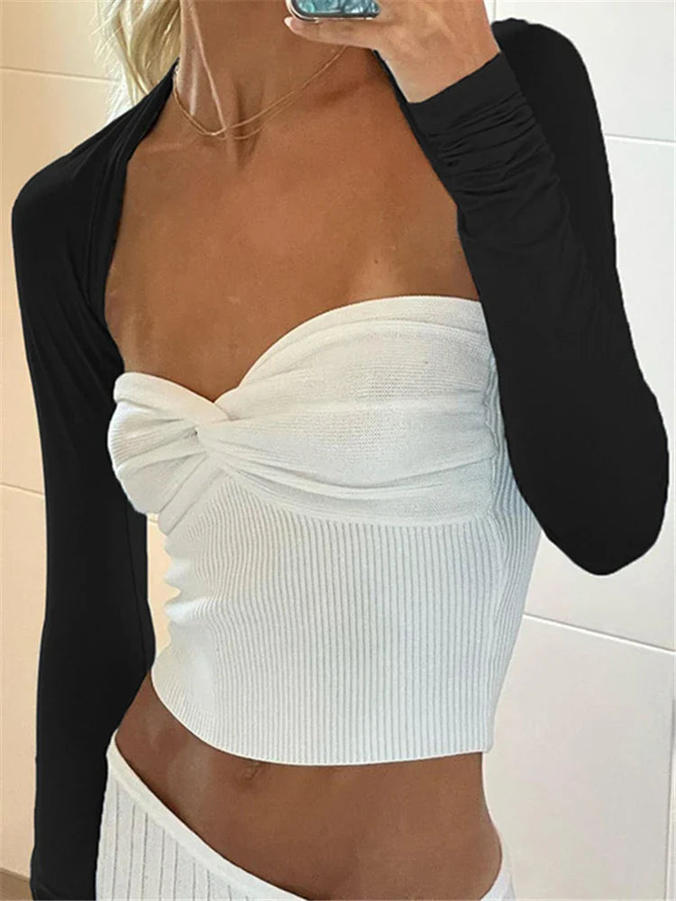 maoxiangshop - Twist Tube Tops For Women Sexy Strapless Corset Top Tee Off-Shoulder Cute Y2k Cropped Tops Knit Bustier Summer Streetwear