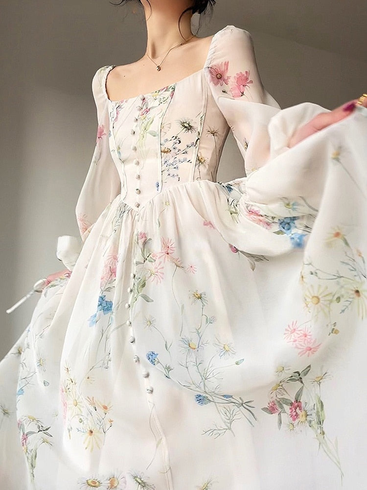 maoxiangshop French Elegant Floral Midi Dress Chiffon Long Sleeve Evening Party Dress Woman Beach Fairy One Piece Dress Korean Summer
