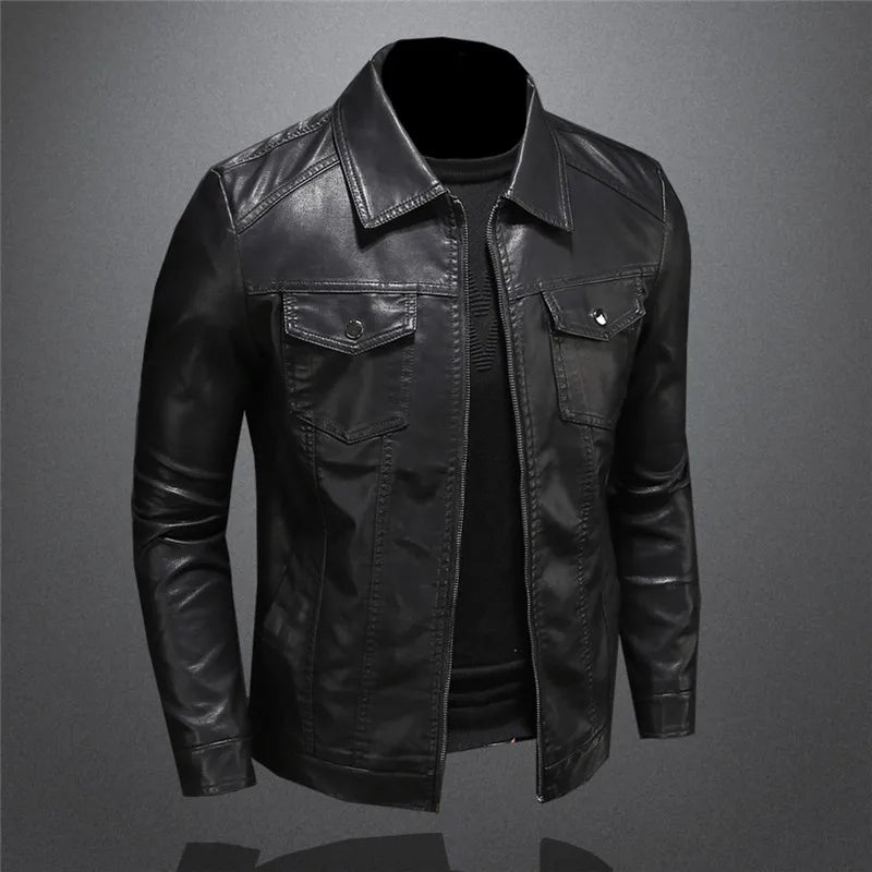 maoxiangshop Men Luxury Black Faux Leather Jackets Men Zipper PU Coat Turn Down Collar Multi-pocket Slim Fit Clothing Man Plus Size 5XL-M