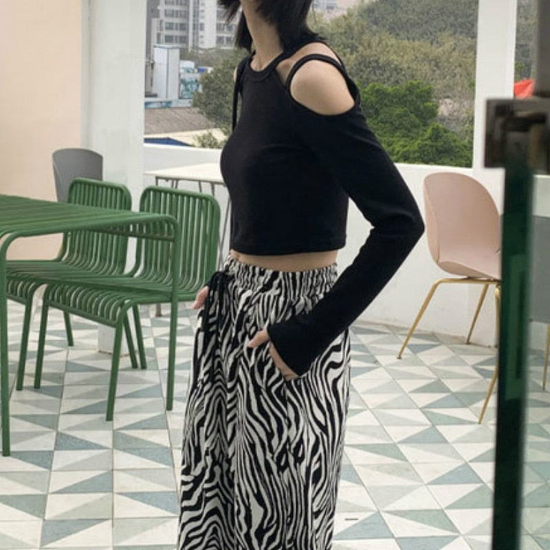 maoxiangshop Pants Women Lace-up Adjustable Zebra Pattern Striped Fashionable Loose Leisure Stylish Straight Trousers Womens Comfortable Chic