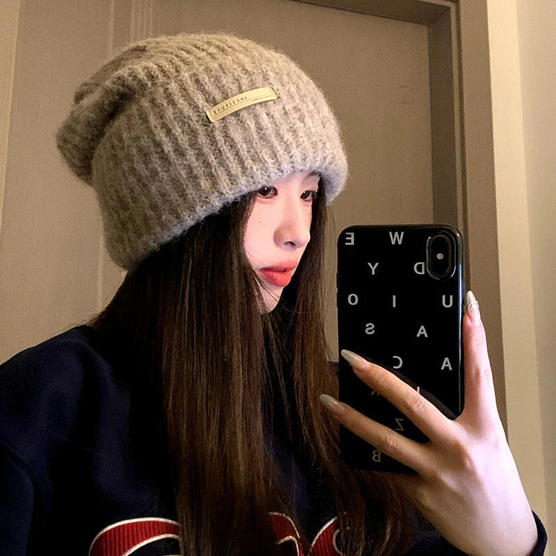 maoxiangshop - Knitted Heap Heap Beanie Hat for Women Solid Leather Label Pullover Cap Winter Thickened Warm Woolen Hats Outdoor Cycling Bonnet