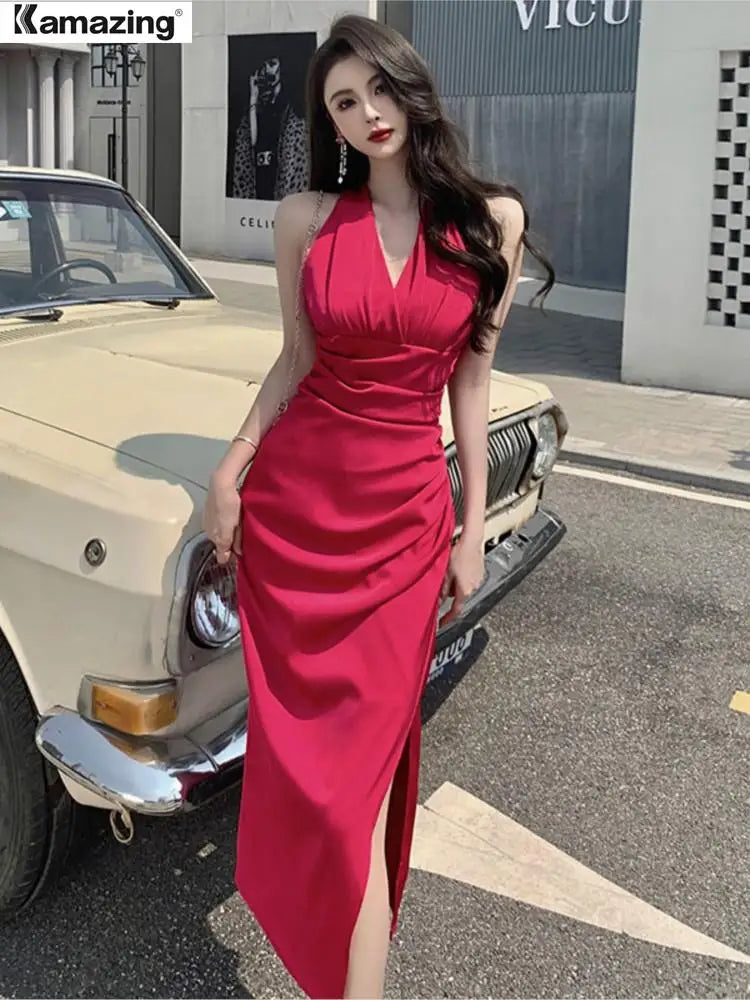 Summer Elegant Sexy V-Neck Split Bodycon Sheath Pencil Dress Women Pleated White Party Dresses Female Work Clothes