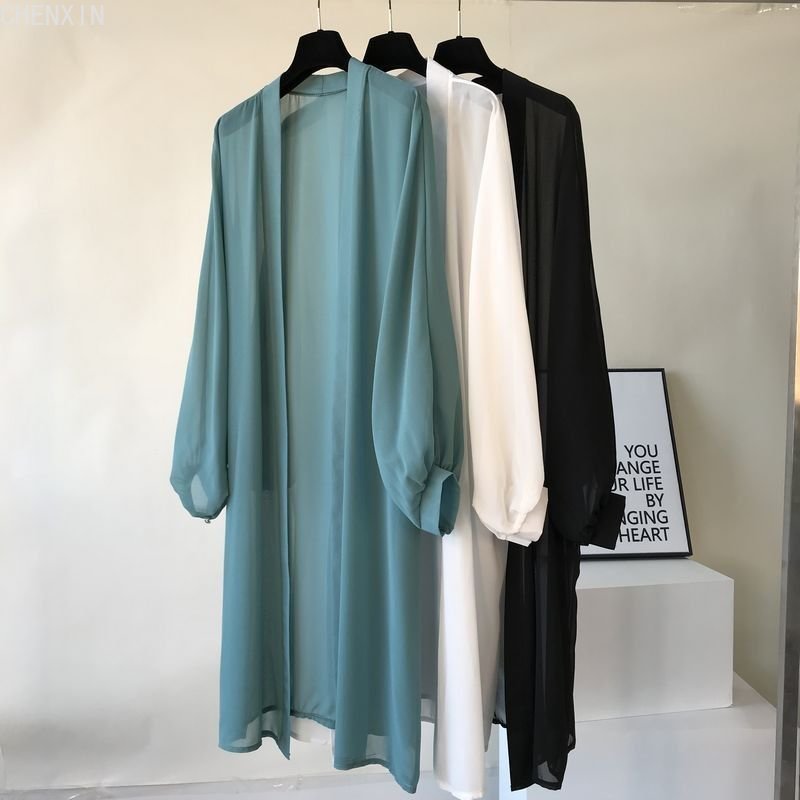 maoxiangshop long Jacket Women Summer Thin Loose See-through Sunscreen Pure Long Sleeve Sexy Coat Chiffon Bohemian Female New Fashion Tops