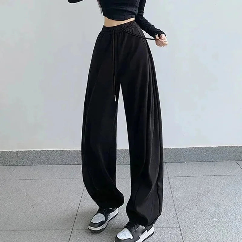 maoxiangshop - 2024 Autumn New Wide Leg Pants Women Baggy Sweatpants Loose High Waisted Bound Feet Pants Lady Lace Up Casual Straight Trousers