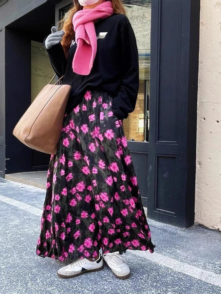 maoxiangshop Vintage Skirts for Women Flower Contrast Color High Waist Design Aesthetics Skirt Casual Loose All Match Clothing 2024