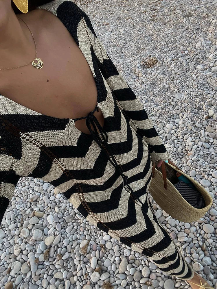 maoxiangshop - Autumn New Lace Up Hollow Sexy Beach Cover Up Dress Women's Stripled Long Sleeve Slim Elegant Knitted Maxi Dress V Neck