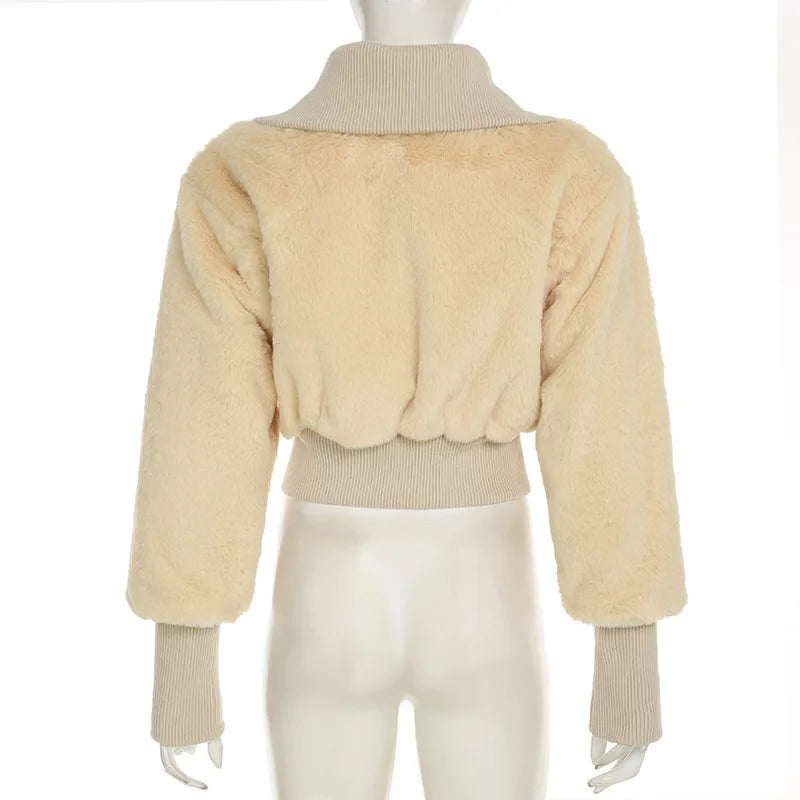 maoxiangshop - 2024 Winter Faux Fur Patchwork Jackets Women Turn Down Collar Long Sleeve Single Breasted Warm Crop Coats Top Street Outerwear