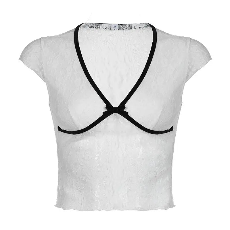 maoxiangshop White Lace T Shirt Women Summer Sexy Bodycon Y2k Crop Tops Streetwear Grunge Aesthetic Korean Fashion See Through
