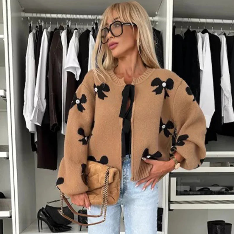 maoxiangshop - Women Faux Fur Half Sleeve Cardigans Coats Fashion O-neck 3D Flower Buttons Long Sleeves Sweater 2024 Autumn Soft Brown Tops