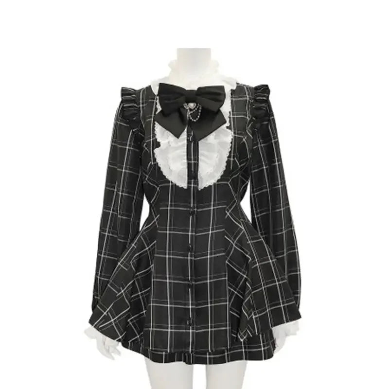 maoxiangshop - Japanese Style Gothic Y2k Lolita Plaid Rhinestone Bow Dress Shorts Set Sweet Women Puff Short Sleeve Button Shirt Party Dresses