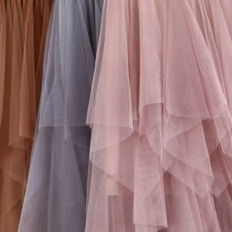 maoxiangshop Women High Waist Ruffles Mesh Long Tulle Skirt Irregular Hem Mesh Tutu Skirt Lady Elegant Solid Party Gown Skirt
