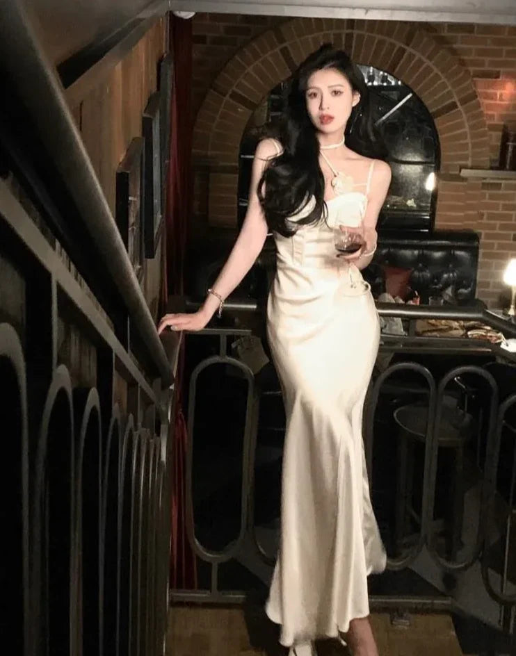 Summer Women Sexy Spaghetti Strap Evening Party Prom Club New Elegant Backless Split Satin Long Dresses Female Vestidos