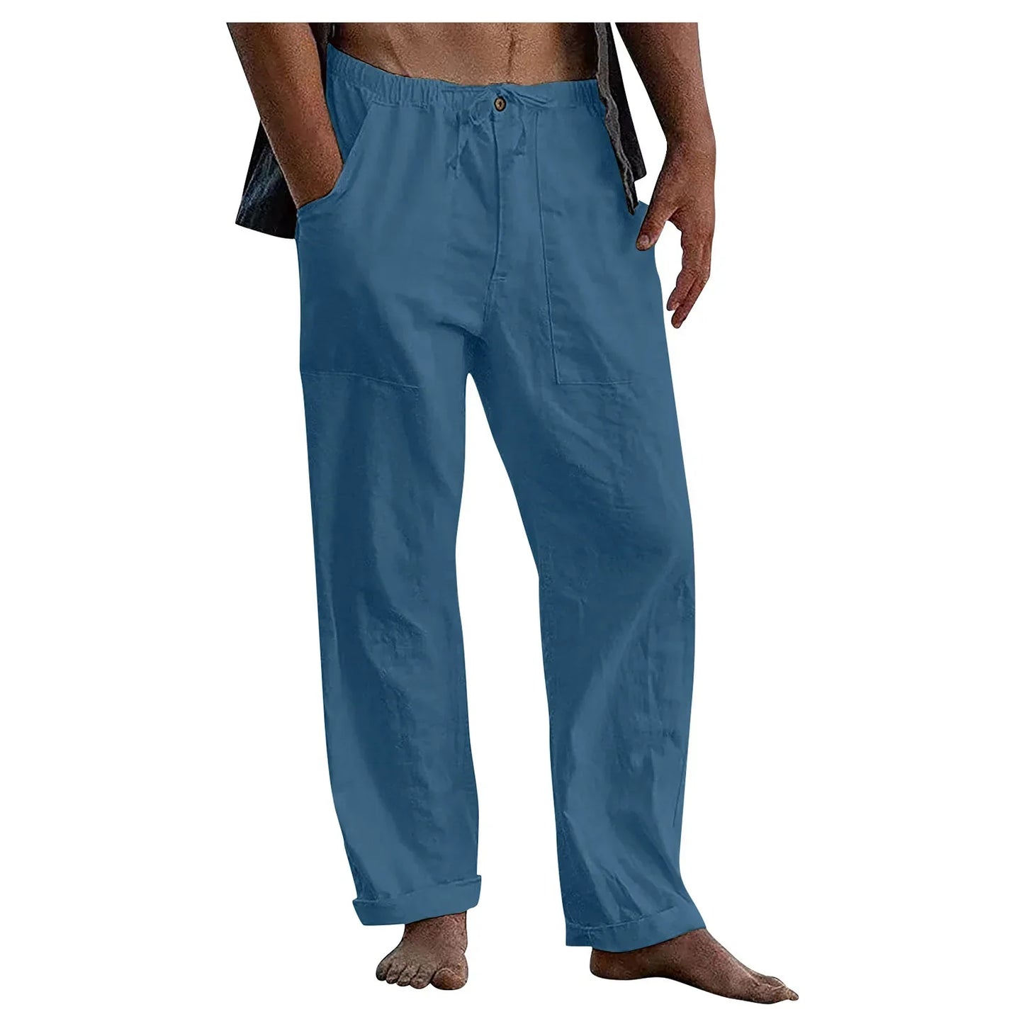 maoxiangshop New Men's Cotton Linen Pants Summer Solid Color Breathable Linen Trousers Summer elastic waist drawstring loose pants