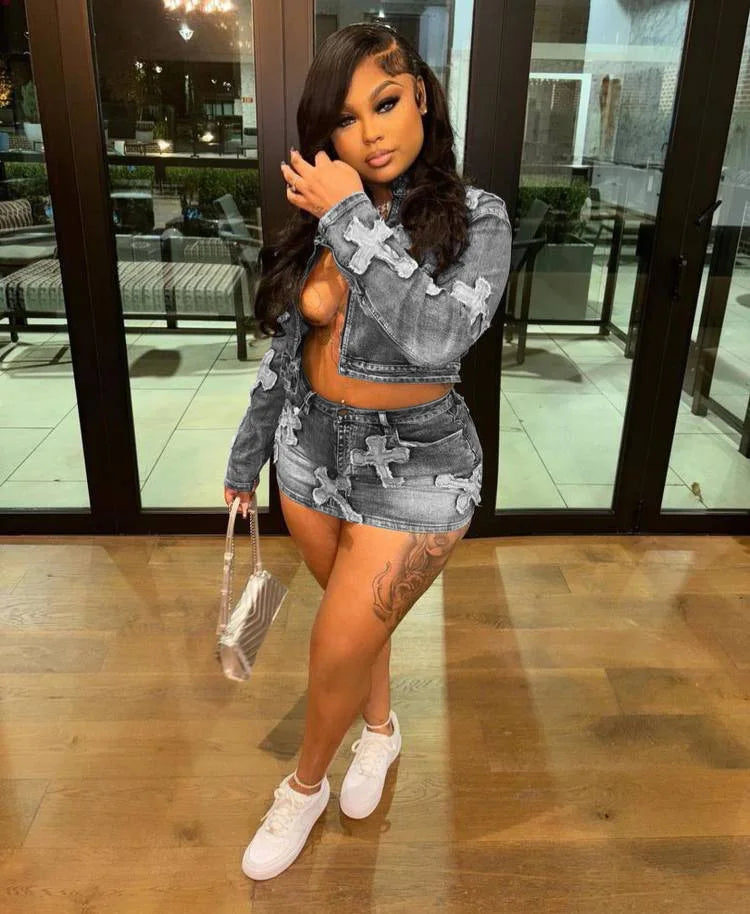 maoxiangshop-Denim Skirt Outfit Set Sexy Women Elegant Two Pieces Jeans Club Matching Set Top+Mini Skirt