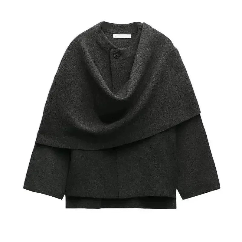 maoxiangshop - Fashion Asymmetric Scarf Knitted Jacket Women O Neck Single Button Side Slit Solid Loose Coat Winter New Female Chic Outerwear