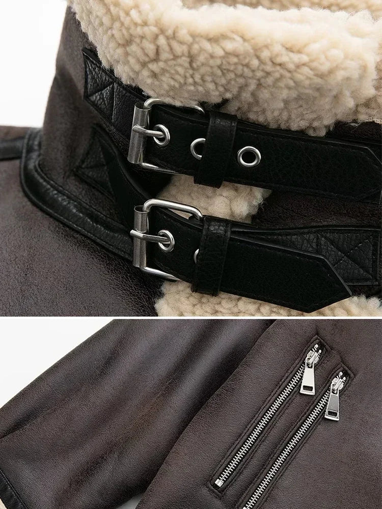 Fashion Faux Fur Jacket with Zipper Women Long Sleeve Double-sided Jackets Warm Coat Female Casual Lapel cold coat