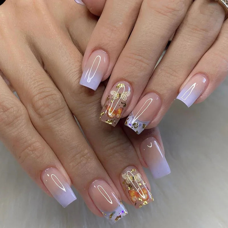 maoxiangshop 24Pcs Long Square Head False Nails with Gold Foil Design Wearable Black French Fake Nail Glitter Coffin Full Cover Press on Nail