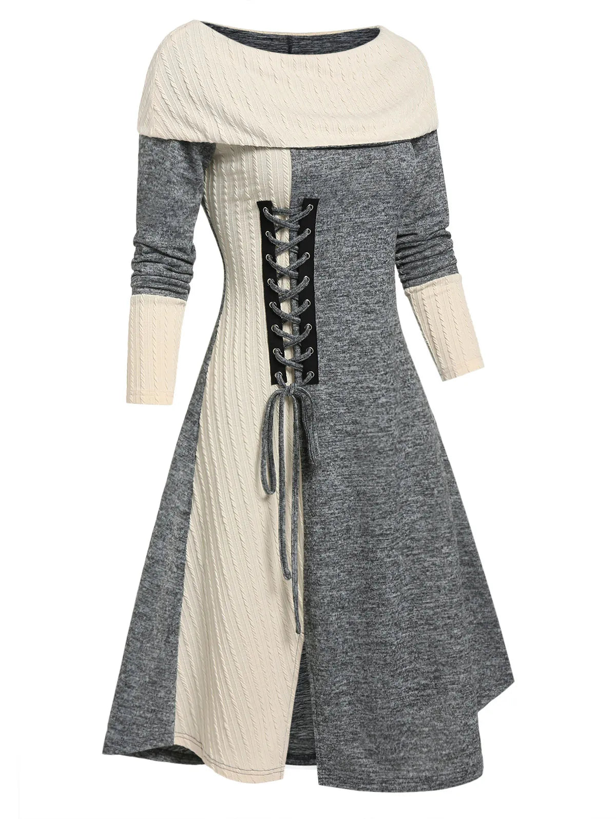 maoxiangshop Colorblock Lace Up Foldover Dress Two Tone Knitted Fashion Daily A-Line Boat Neck Long Sleeves Midi Robe For Women Fall Spring