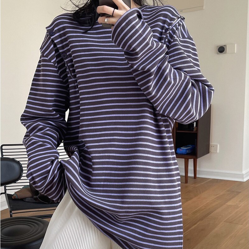 maoxiangshop Spring And Autumn Women's Casual Striped Sweatshirt Round Neck Long-sleeved Off-the-shoulder Loose Sweater
