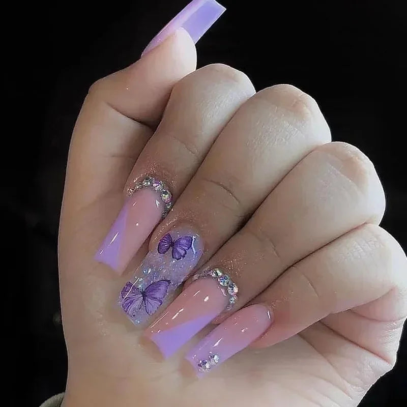maoxiangshop 24Pcs Coffin False Nails Purple Butterfly Designs Fake Nails with Shiny Rhinestone Wearable French Full Cover Press on Nails