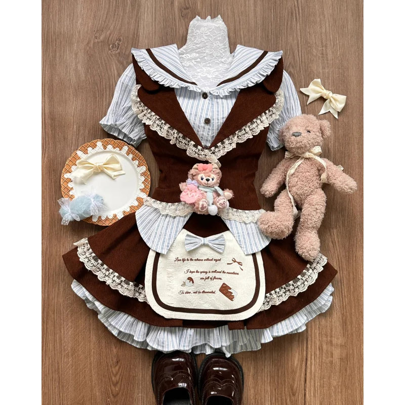 maoxiangshop - Girl Lotus Leaf Lolita Girls Splicing Cute Color Contrasting Shirt Hollow High Waist Lace Bubble Puff Cake Skirt Set 3-Piece Set