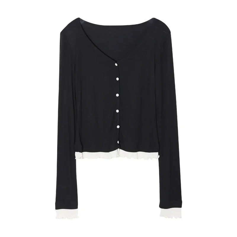 maoxiangshop - Contrast Fungus Trim Long Sleeve Autumn V Neck Single Breasted Slim Tops T-shirts Women Korean Fashion Simple T-shirts 2024 New
