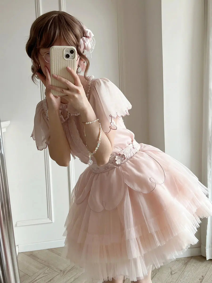 maoxiangshop - Pink Lolita Kawaii 2 Piece Set Women Japanese Cute Party Tops Suit Female 2024 Bubble Sleeve Elegant Blouse + Fairy Cake Skirt