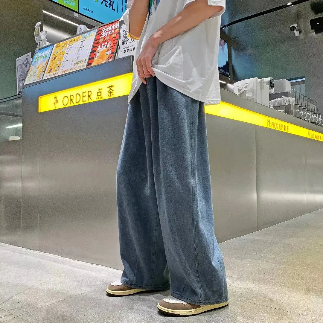 maoxiangshop Men's Pure Color Cargo Jeans Simple All-match Wide Leg Pants Trousers Men Hip Hop Streetwear Oversized 90s Vintage Fashion Denim