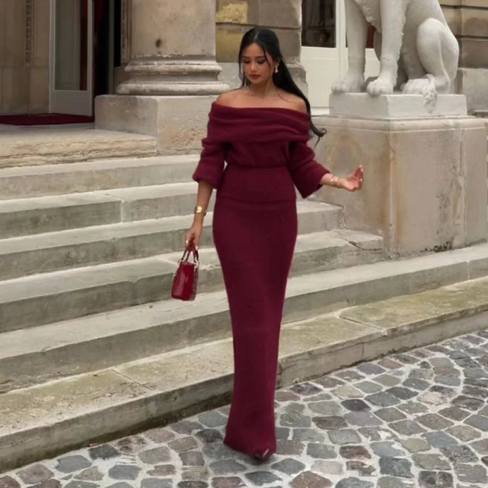 maoxiangshop - Elegant Red Off Shoulder Pleated Knit Maxi Dress For Women Chic Slash Neck Backless Long Sleeve Robe 2024 Autumn Lady Party Gown
