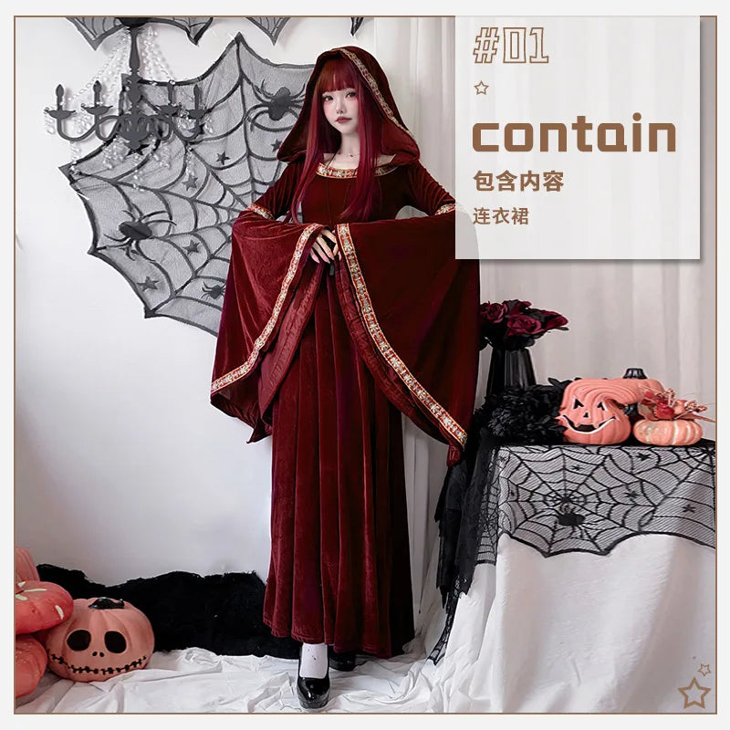 maoxiangshop - Halloween Adult Cosplay Costumes Medieval Retro Court of Europe Vampire Little Red Riding Hood Female Witch Dress 