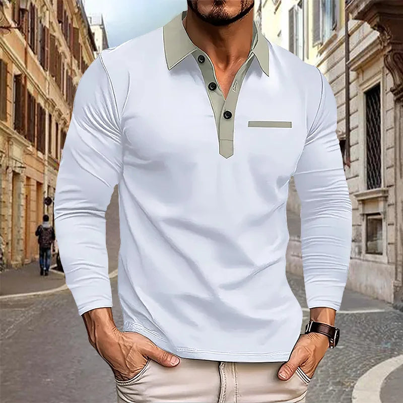 maoxiangshop 2024 Autumn Men's Polo Shirt Lapel Pocket T-shirt Men's Breathable Business Casual Long sleeved