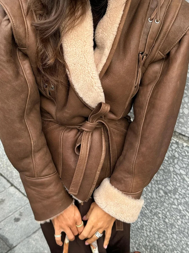 maoxiangshop - Fashion Warm Furry Leather Woman Jacket With Belt Chic Lapel Long Sleeve Motorcycle Coat Lady 2024 Winter High Street Outerwear