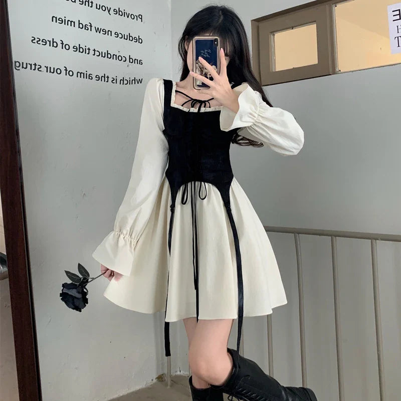 maoxiangshop Spring Autumn Vintage Patchwork Y2k Sweet Kawaii Party Dresses for Women Casual Lace Up Bow Harajuku Long Sleeve Club Mini Dress